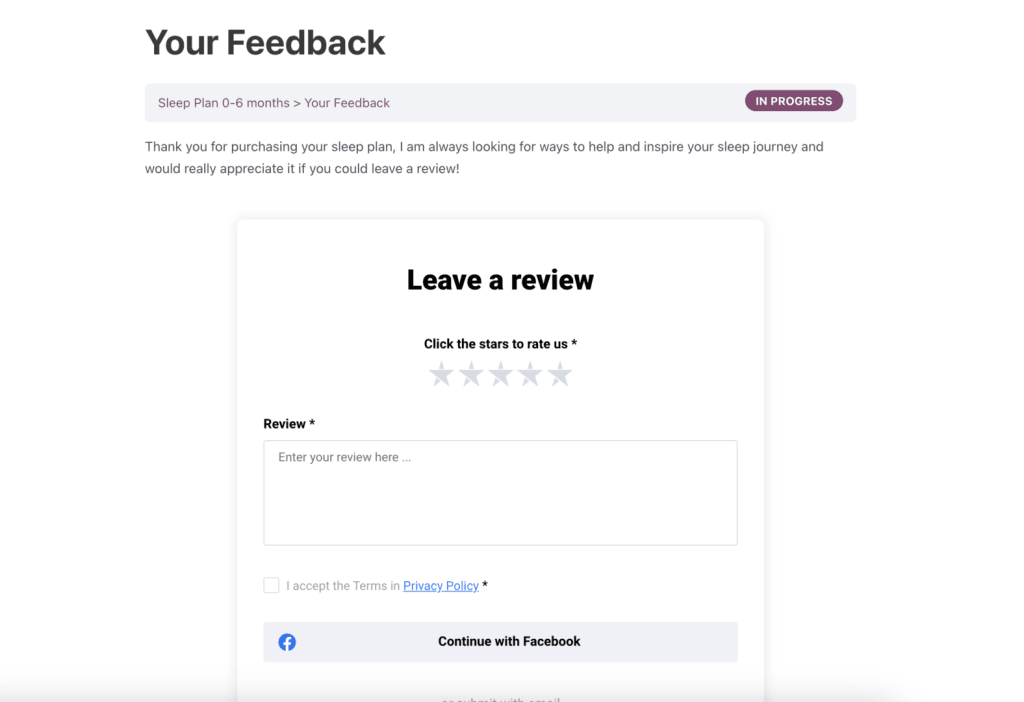 A screenshot of the feedback page on the Sleep Matters with Lucy Wolfe course, giving students a change to leave a review.